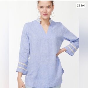 Chicos Rick Rack Trim V-Neck 100% Linen Tunic Top Blue Veil Women’s Sz 2.5 (L)